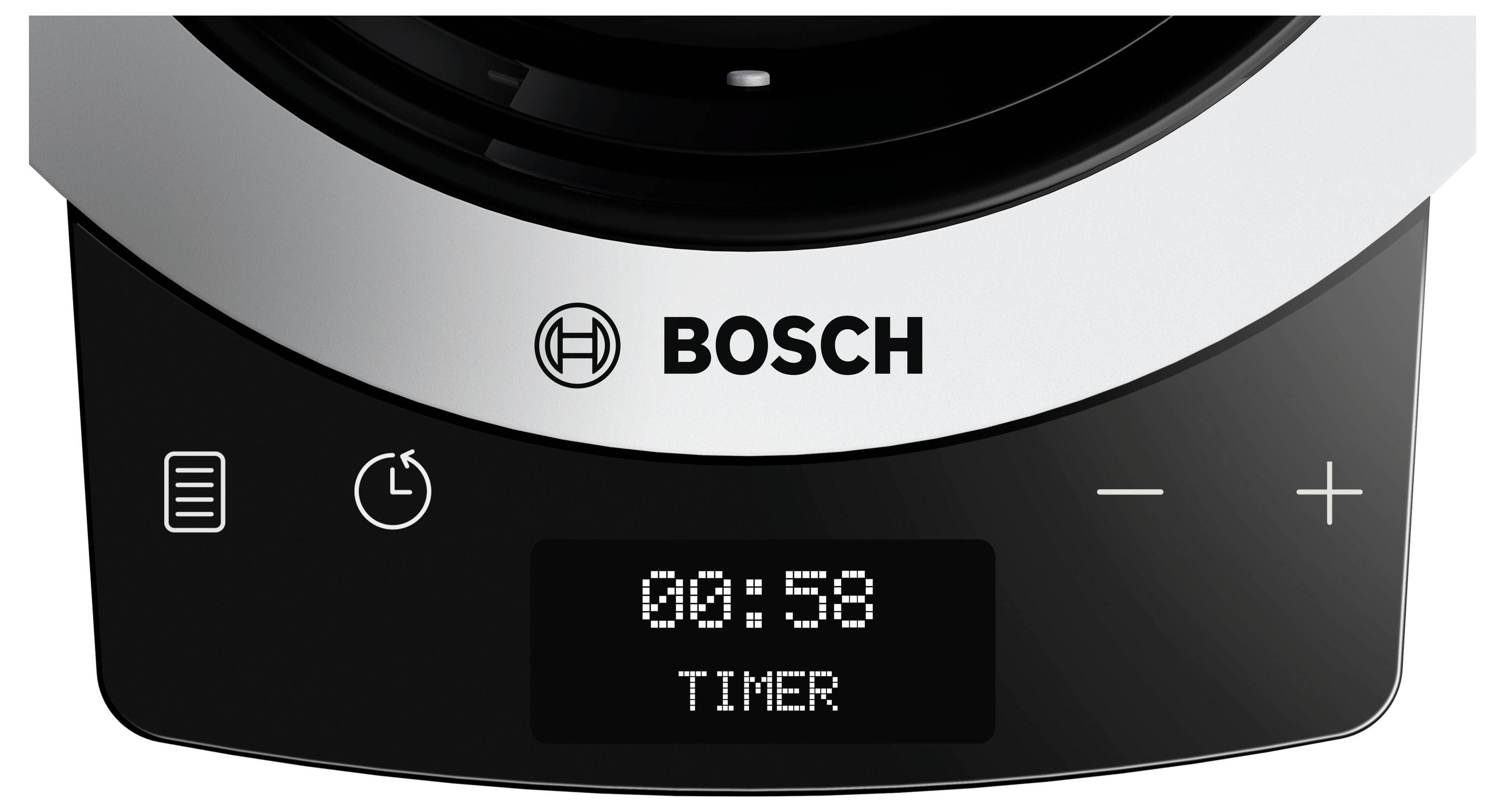 Een wasmachine display toont 00:58 minuten resterende tijd op een timer. Het bedieningspaneel bevat knoppen voor start, tijdsinstelling en aan/uit.