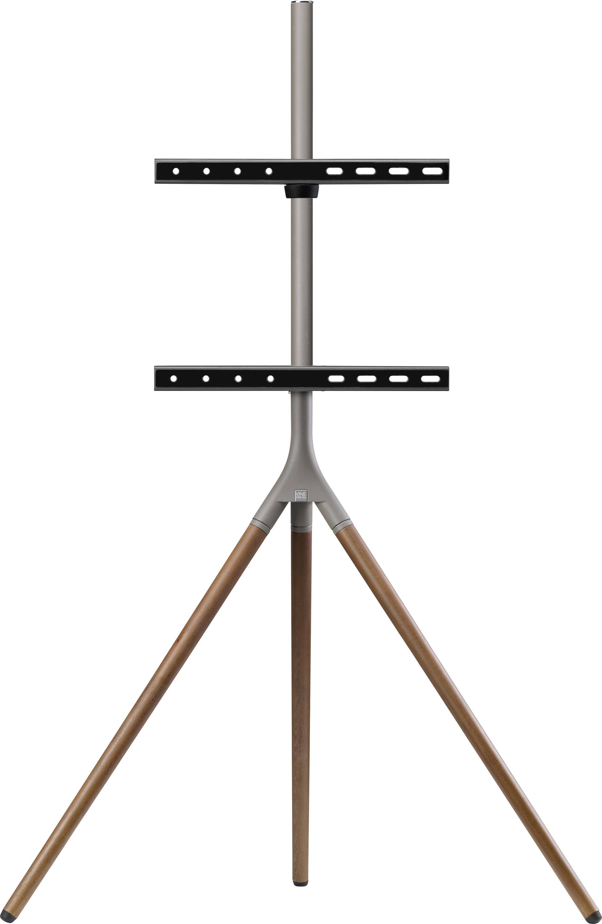 'Een tv-standaard met een strak metalen frame en houten driepootpoten, ontworpen voor moderne interieurs, geschikt voor verschillende schermformaten.'