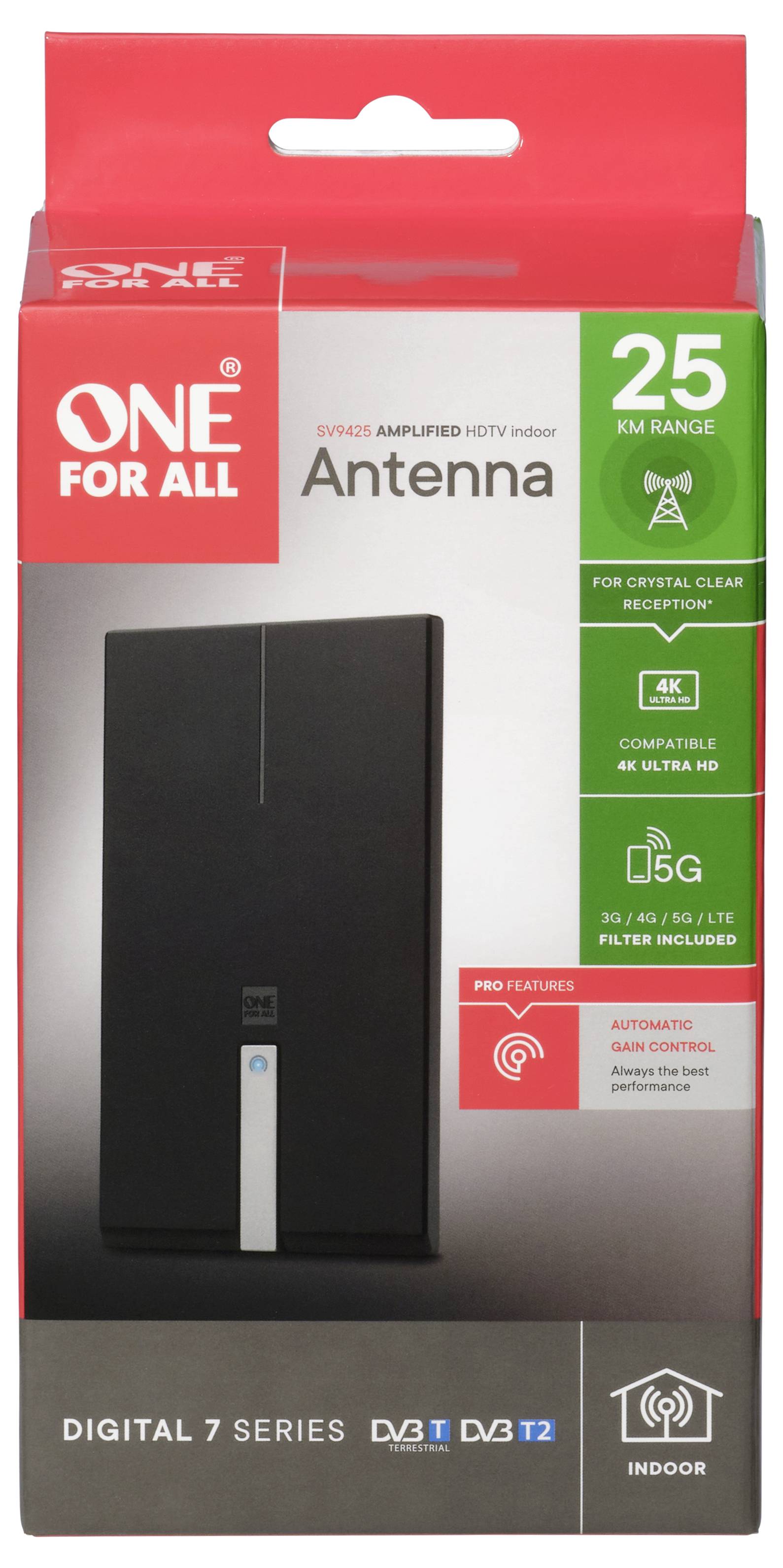 'Antennepakket met 25 km bereik, HDTV indoor, 4K compatibel, beschikt over automatische signaalversterking, geschikt voor 3G/4G/5G signalen.'