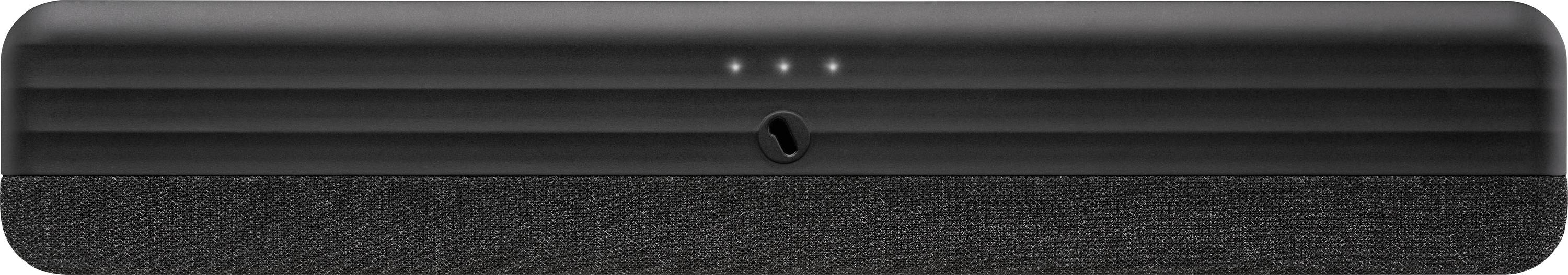 Een zwart elektronisch apparaat met drie kleine LED-lampjes en een centrale knop, mogelijk een deel van een soundbar of speaker.