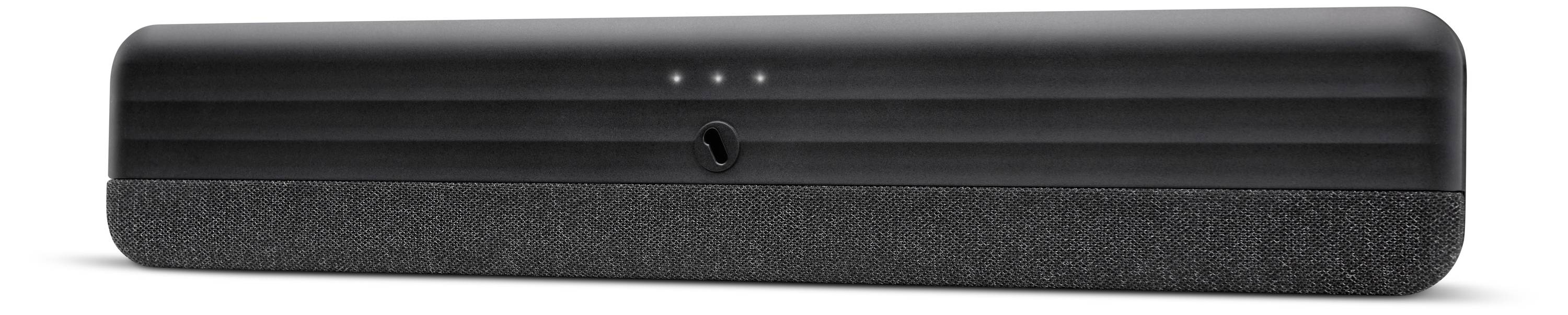 Een strakke zwarte soundbar met drie indicatorlampjes bovenop en een stoffen bekleding rond de luidsprekersectie.