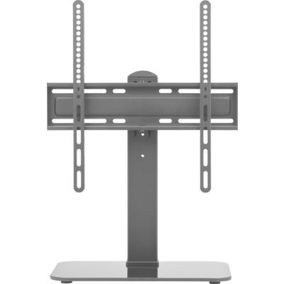 Een flatscreen tv-steun met verstelbare armen, ontworpen voor plaatsing op een tafel, weergegeven in een verticale positie tegen een witte achtergrond.