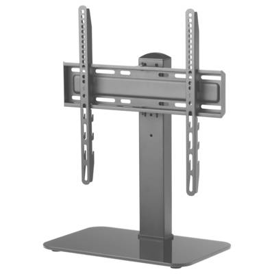 Een metalen tv-standaard met een verstelbare verticale bevestiging, ontworpen voor flatscreen-televisies, voorzien van een strak onderstel voor stabiliteit.
