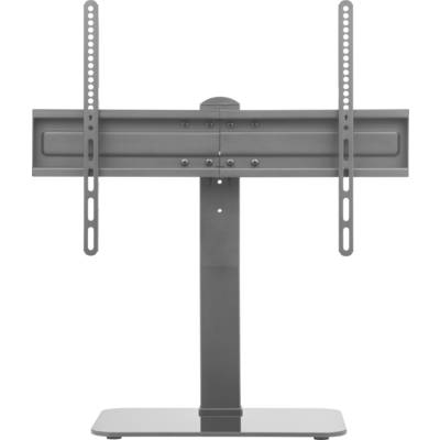 Een tv-standaard met een brede, platte voet, verticale steun en verstelbare beugels voor het stevig bevestigen van een televisieScherm.