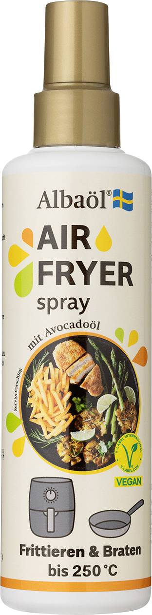'Airfryer Spray' met avocadoölie. Etiket toont frietjes en stukjes avocado, heeft een veganistisch symbool en geeft aan geschikt te zijn tot 250°C.