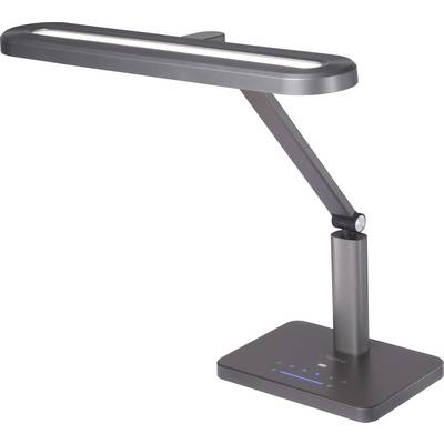 Een strak, modern bureaulamp met een verstelbare arm en LED-verlichting, met aanraakbediening aan de voet voor helderheidsinstelling.
