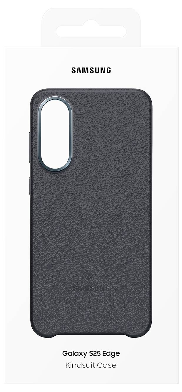 Zwarte Samsung Galaxy S25 Edge Kindsuit-hoes in verpakking, achterkant zichtbaar met gestructureerd oppervlak en cameradoorvoening.