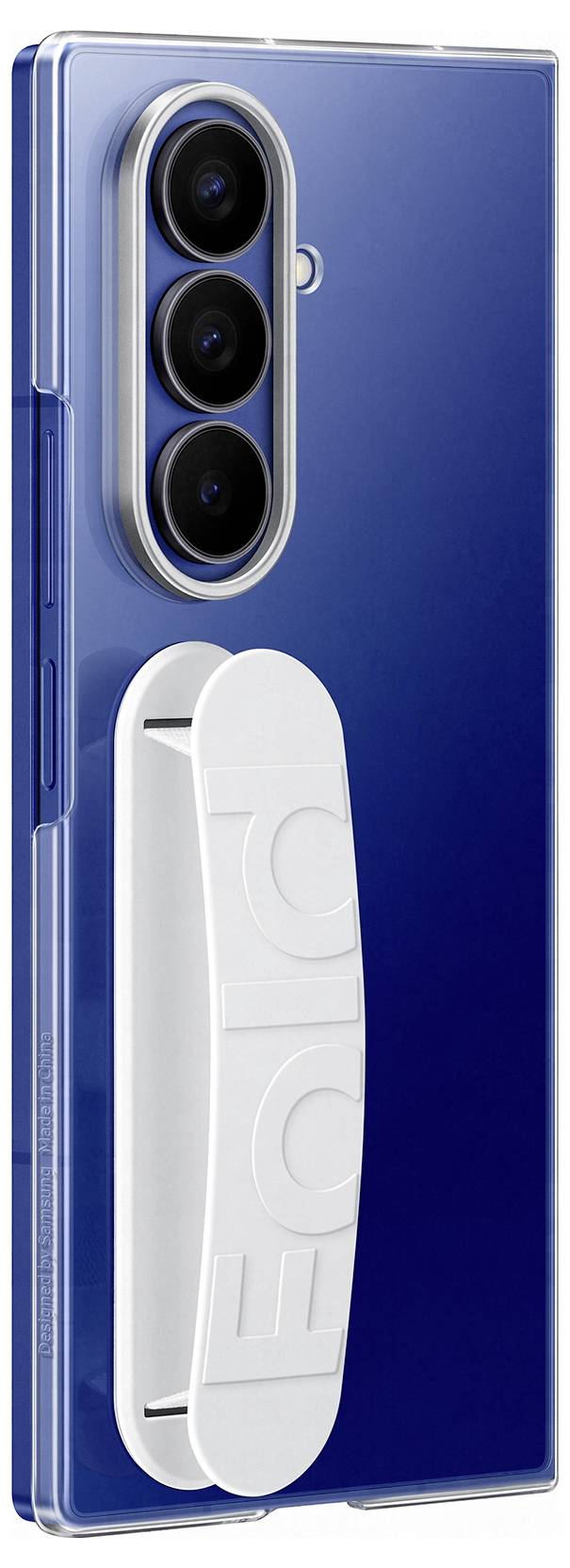 Een blauwe smartphone met een drievoudige achterste cameraconfiguratie, voorzien van een witte standaard aan de achterkant met het woord 'FOLD'.