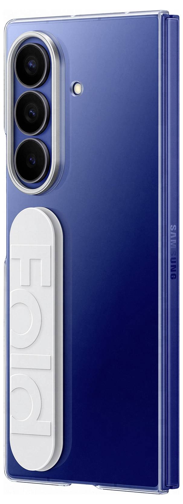 Een strakke blauwe smartphone met een drievoudige cameraconfiguratie en een witte 'Fold' aanduiding op de achterkant.