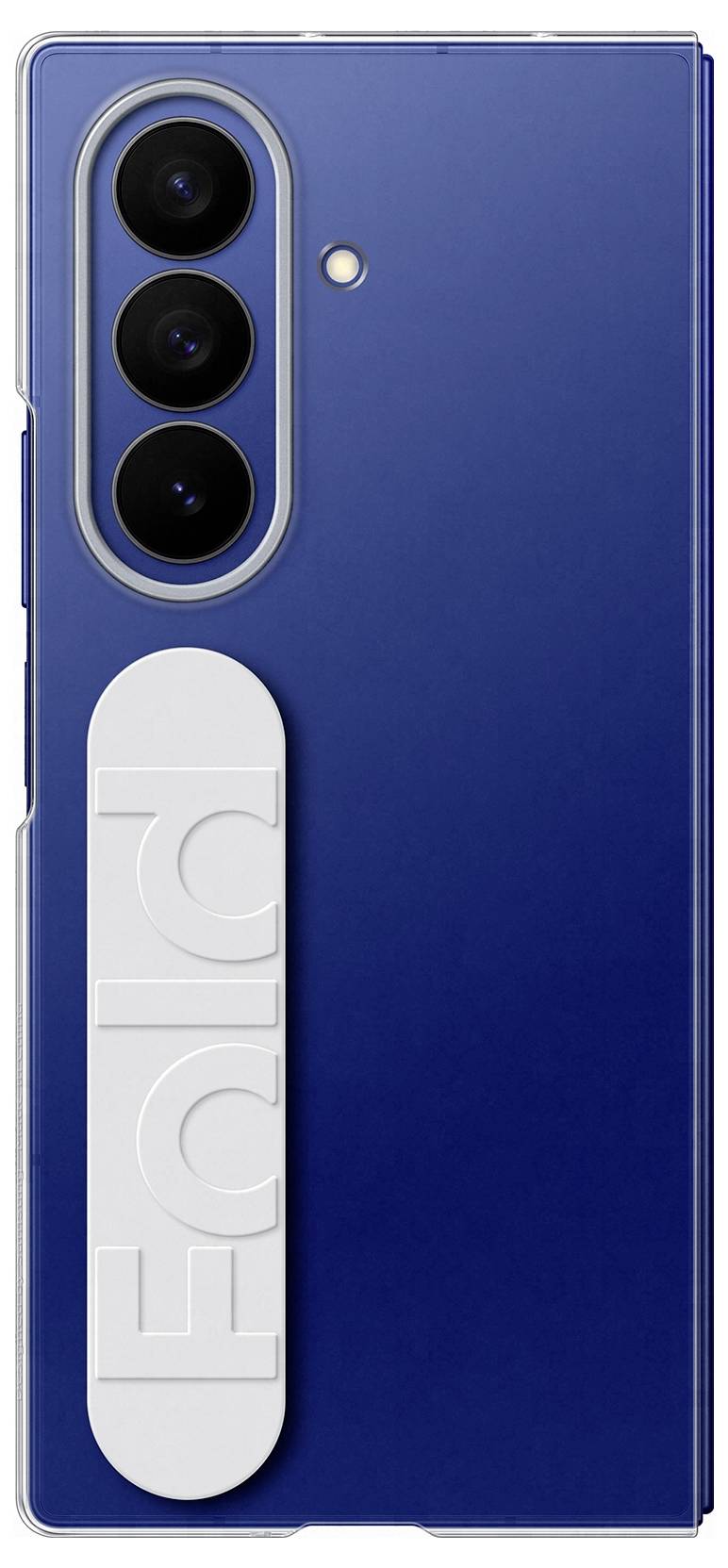 Een blauwe smartphone met een driedubbele cameralens en een lichtgekleurde band met het opschrift 'Fold' aan de achterkant.