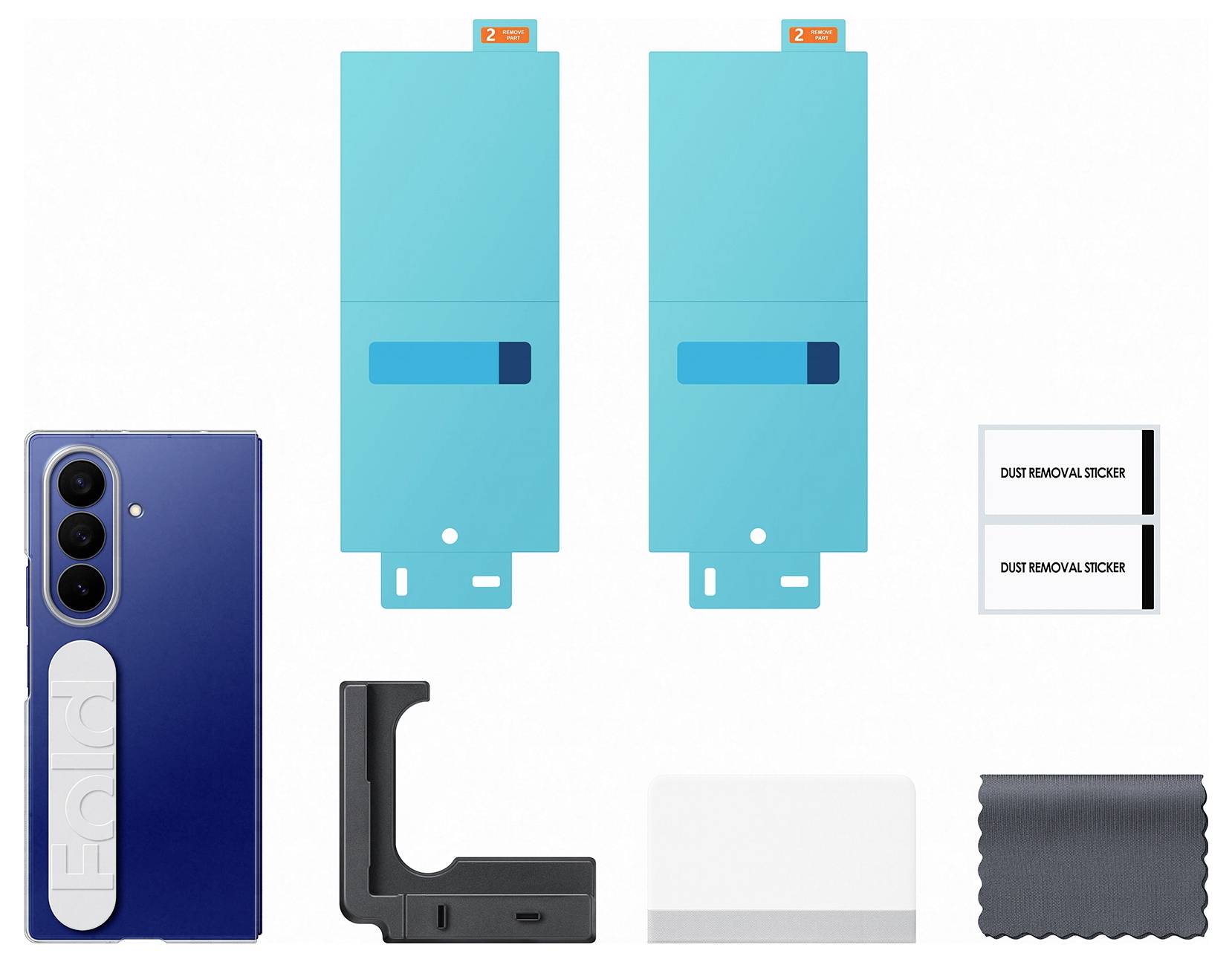 Opvouwbare telefoonhoes in het blauw met twee schermbeschermers, een sticker voor stofverwijdering, een zwarte reinigingsdoek en installatiegereedschappen tentoongesteld.