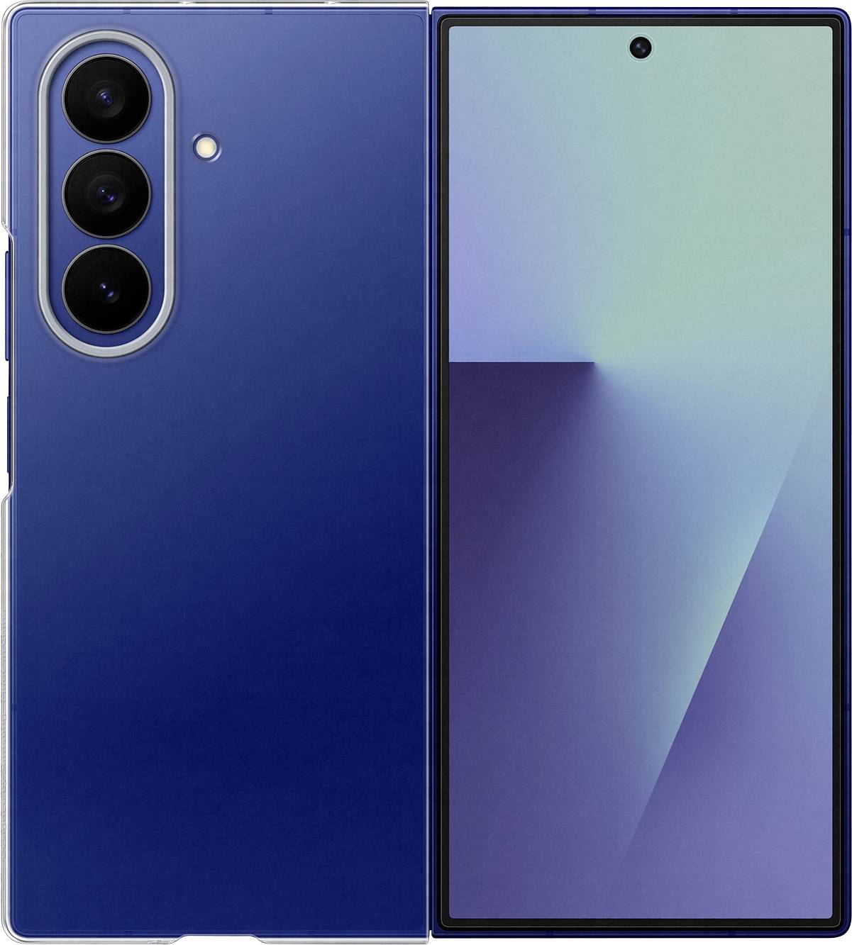 Een smartphone met een blauwe achterkant en een drievoudige cameraconfiguratie naast zijn voordisplay, waarop een gradiënt-achtergrond wordt weergegeven.
