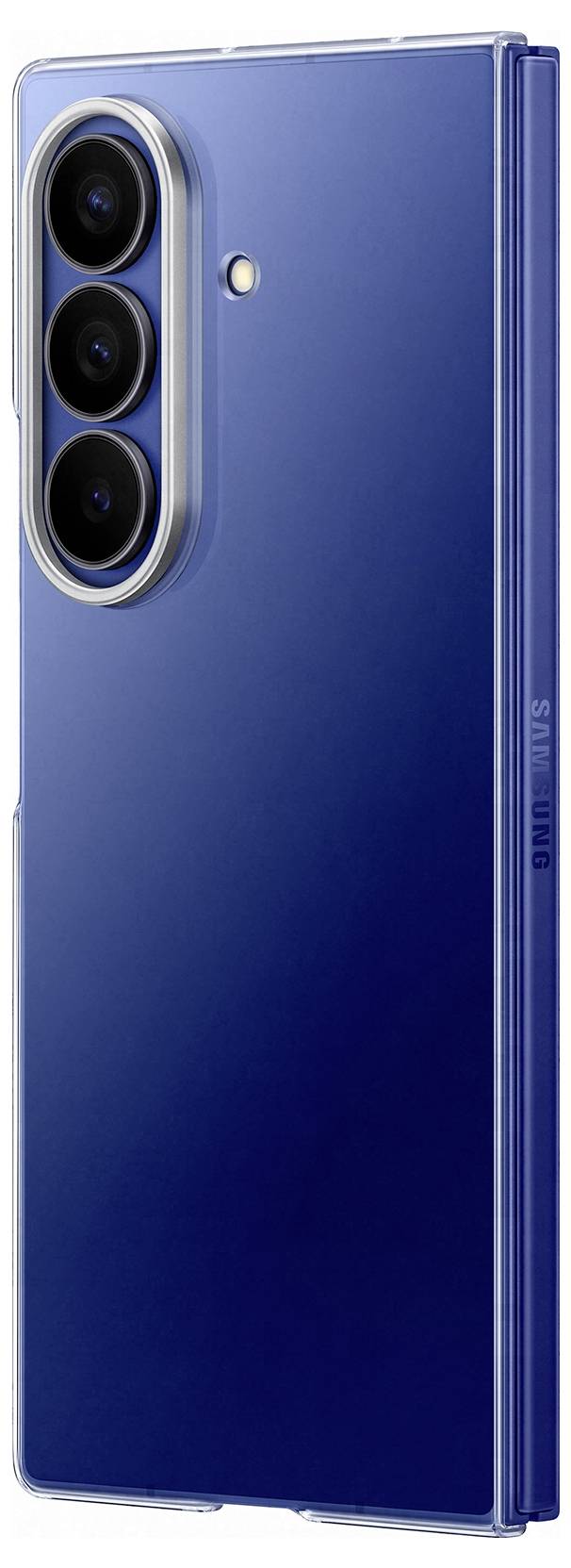 Een blauwe opvouwbare smartphone met drie achterste cameraloensen en een metaalafwerking.