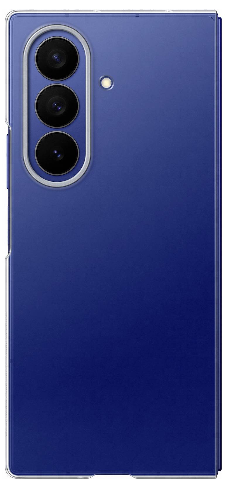 Een blauwe smartphone met een opvouwbaar ontwerp, waarbij de achterkant met drie verticaal uitgelijnd camera's zich aan de linkerkant bevindt.