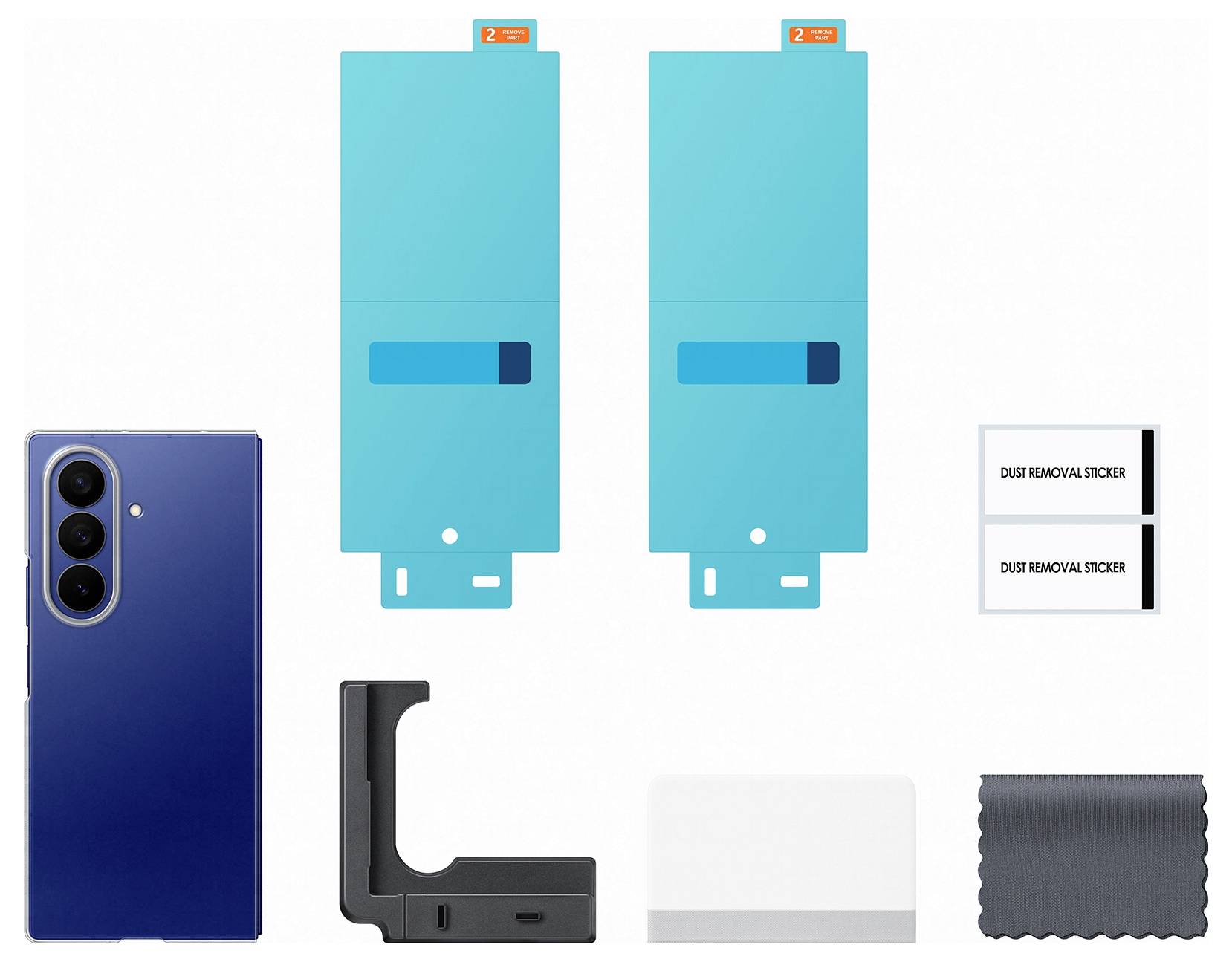 Een set smartphonescreenprotectors bevat twee blauwe zelfklevende films, een blauwe telefoon, twee stofverwijderingsstickers, een reinigingsdoekje en een applicatiegereedschap.