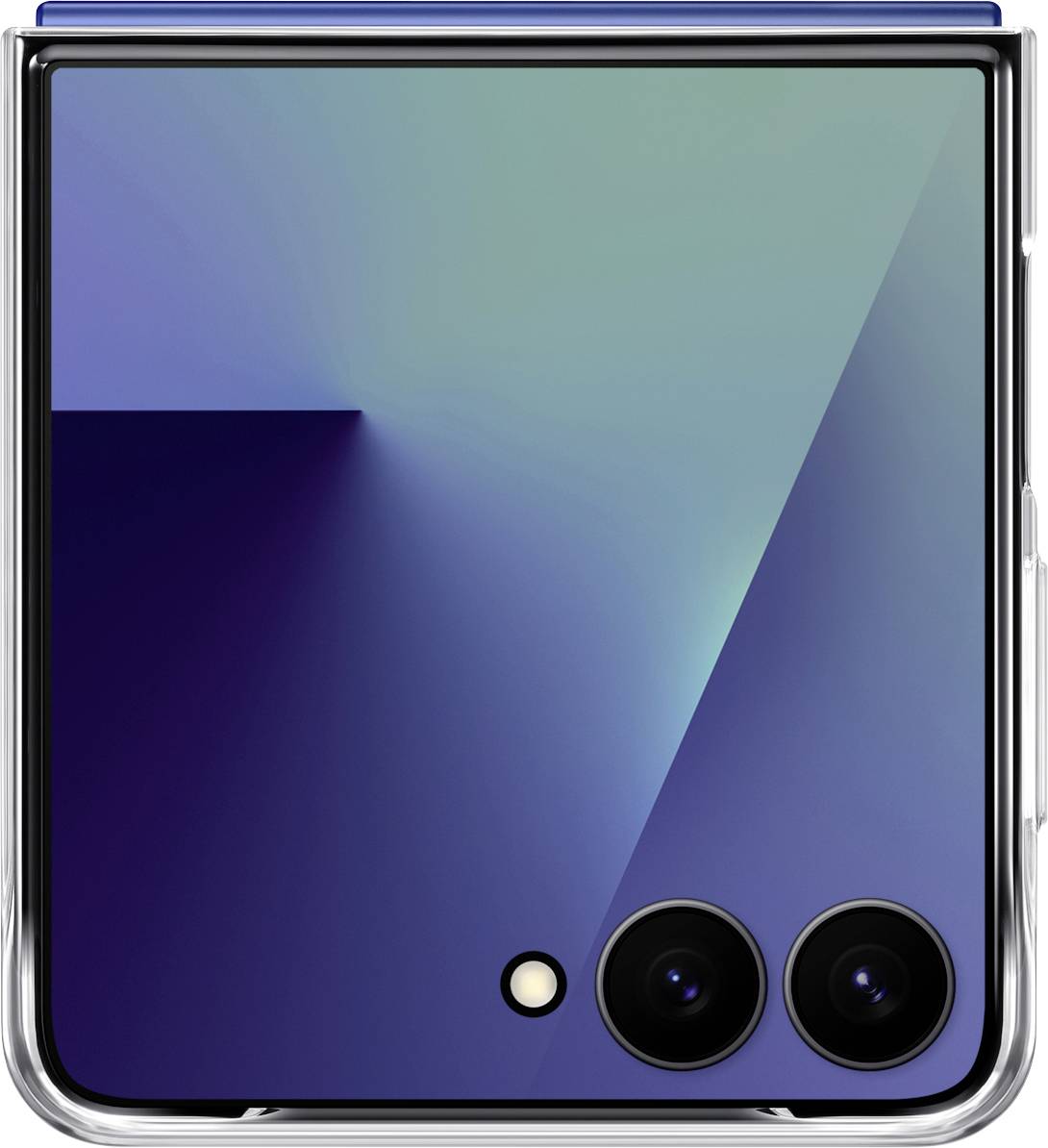 Een ingeklapte opvouwbare smartphone met twee achterste camera's zichtbaar op de buitenkant. Het oppervlak weerkaatst een gradiënt van blauwe en groene tinten.