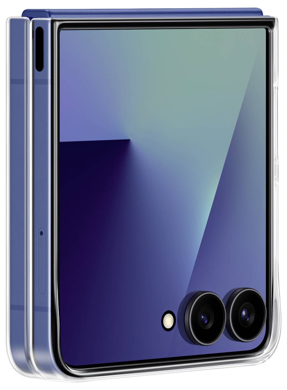 Een blauwe smartphone met een opvouwbaar ontwerp, voorzien van dubbele camera's aan de achterkant, gedeeltelijk gevouwen.