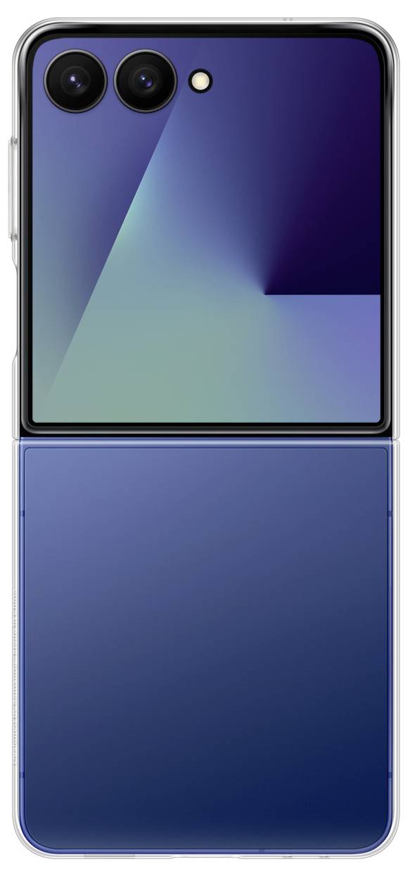 Een opvouwbare smartphone in gesloten toestand, met een verloop van kleuren op het buitenste scherm, voorzien van dubbele camera's en een strak, modern design.