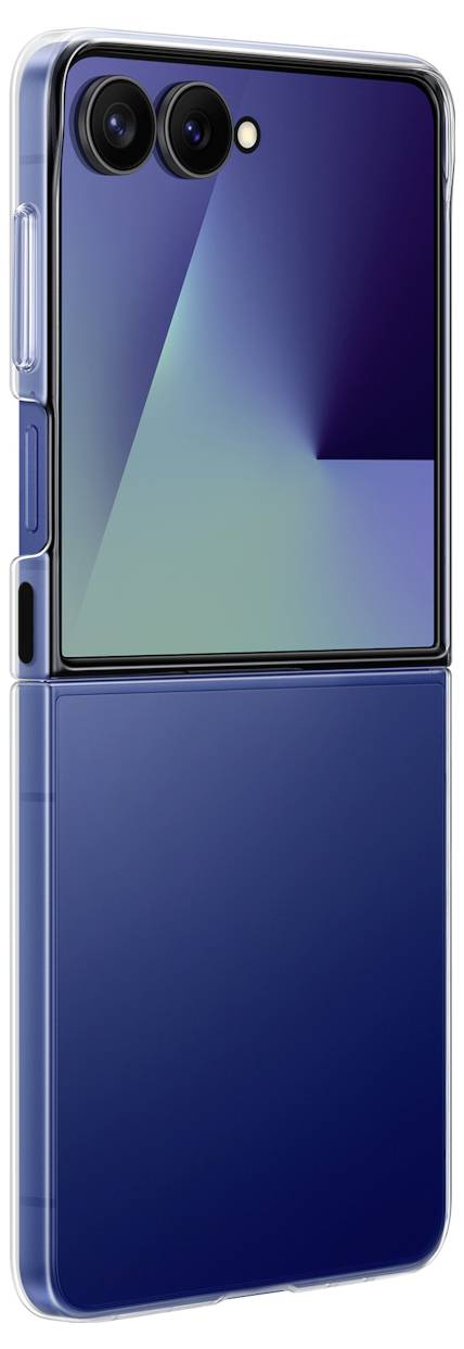 Een moderne smartphone met een opvouwbaar ontwerp, deels geopend. Het glanzende buitenste display beschikt over dubbele camera's en een reflecterende oppervlakte.