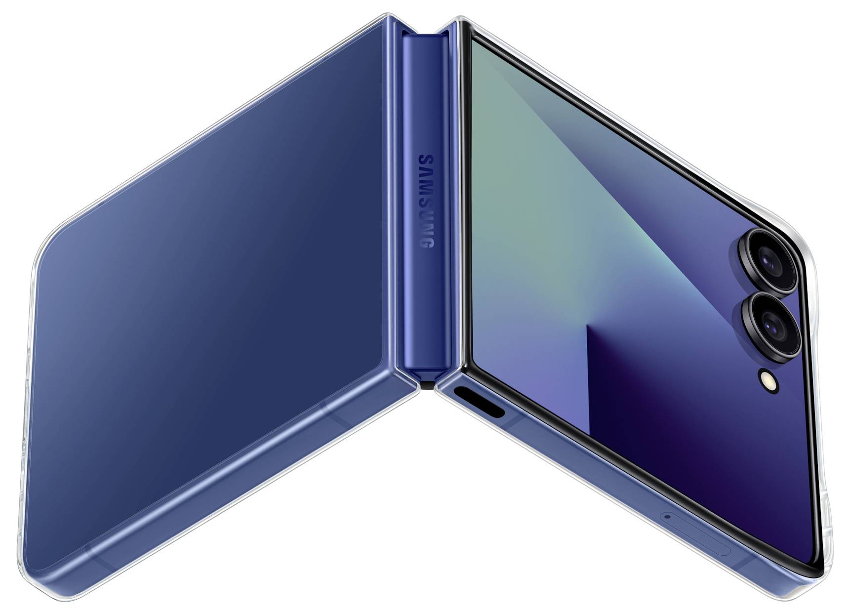 Een blauwe opvouwbare smartphone in opengevouwen positie, waarop het slanke design en de dubbele achteruitcamera's zichtbaar zijn, geplaatst tegen een witte achtergrond.