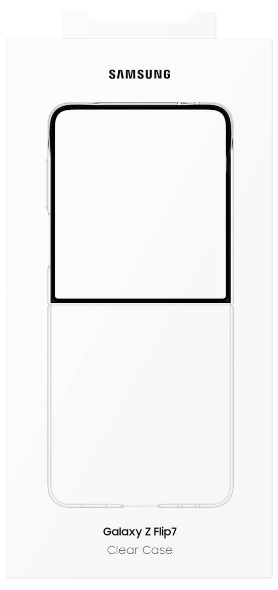 Witte verpakkingsdoos voor Samsung Galaxy Z Flip7 transparante hoes, met een minimalistisch ontwerp waarbij de omtrek van het product wordt weergegeven.