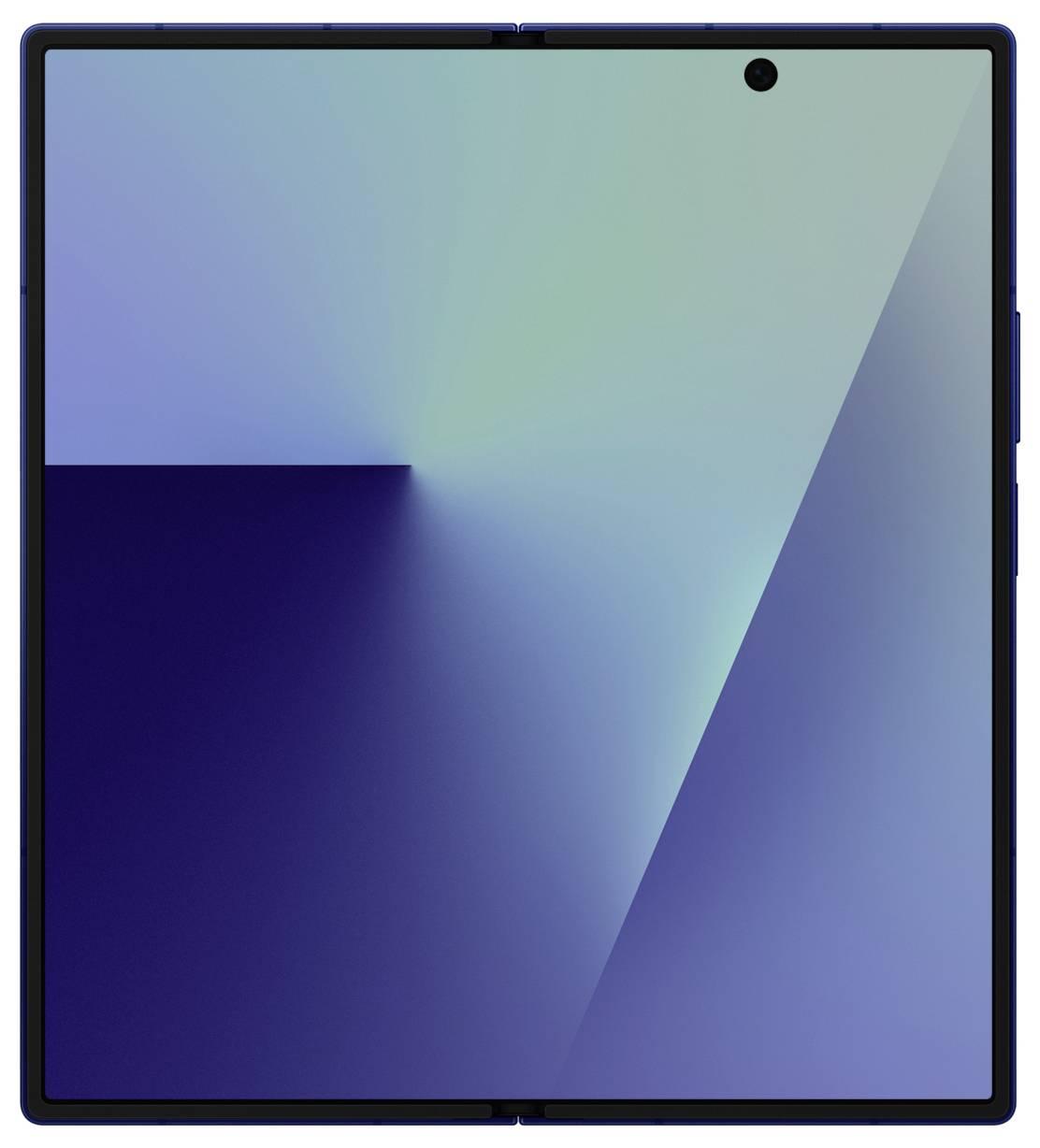 Een smartphone met een groot, randloos opvouwbaar display toont abstracte blauwe en groene verloopvormen.