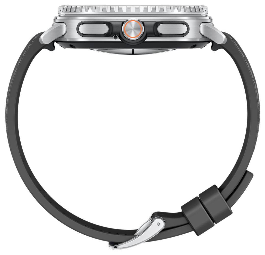 Een smartwatch met een metalen behuizing en zwarte band wordt getoond vanuit zijaanzicht, waarbij de digitale kroon en twee zijknoppen worden geaccentueerd.