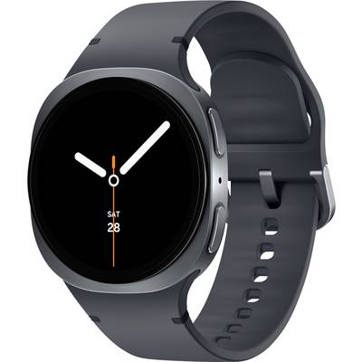 Een strakke, zwarte smartwatch met een rond display, waarop de tijd wordt weergegeven door twee minimalistische wijzers en een datumindicator, bevestigd aan een metalen band.