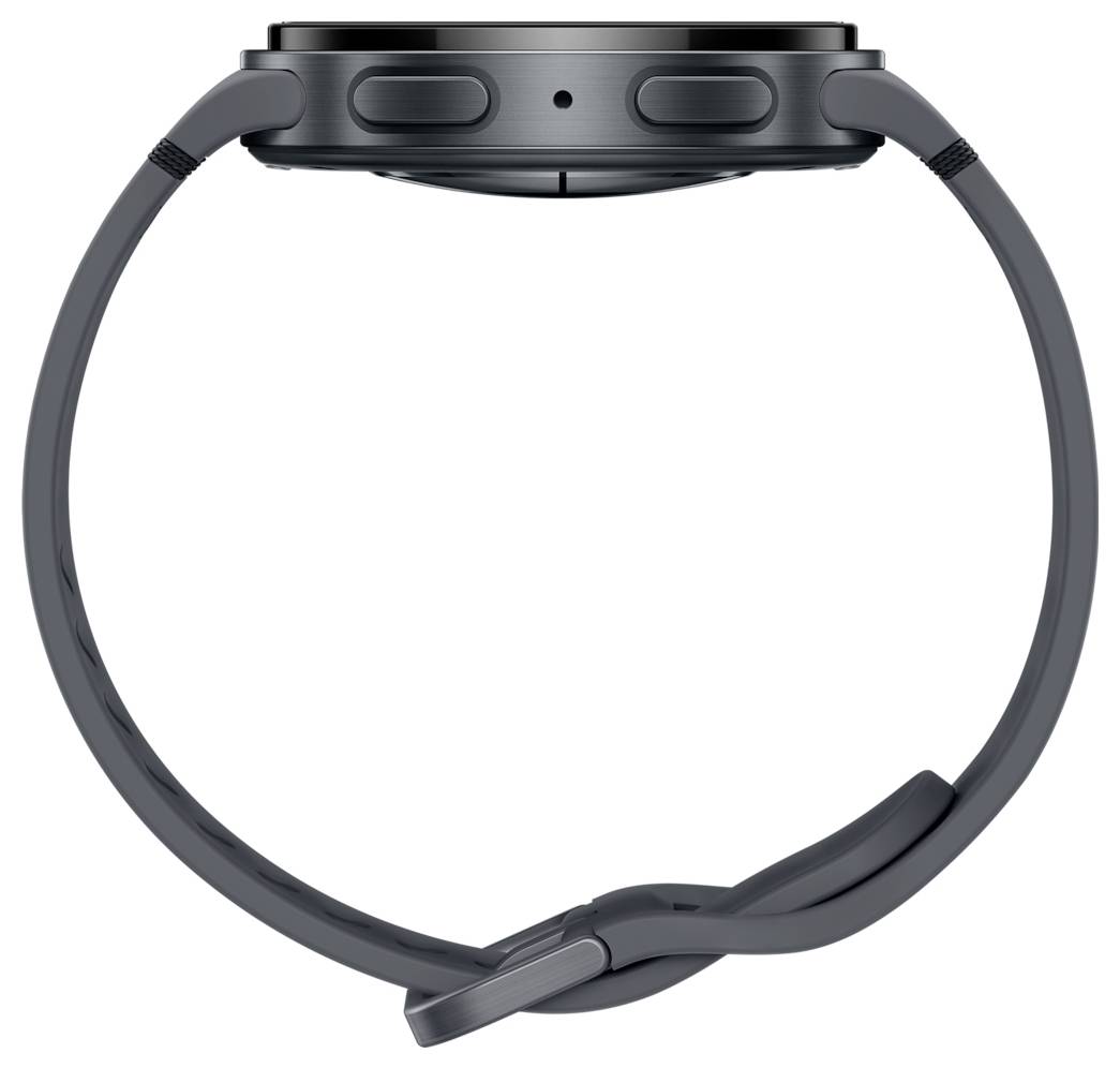 Een strakke, zwarte smartwatch gezien van opzij, waarbij de knoppen en de slanke, gebogen band worden geaccentueerd.