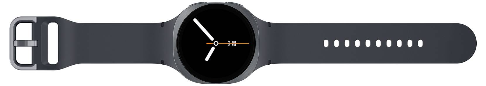 Een strak smartwatch met een zwart rond gezicht en een minimalistisch design. Het digitale display toont analoge wijzers die naar 10:10 wijzen.