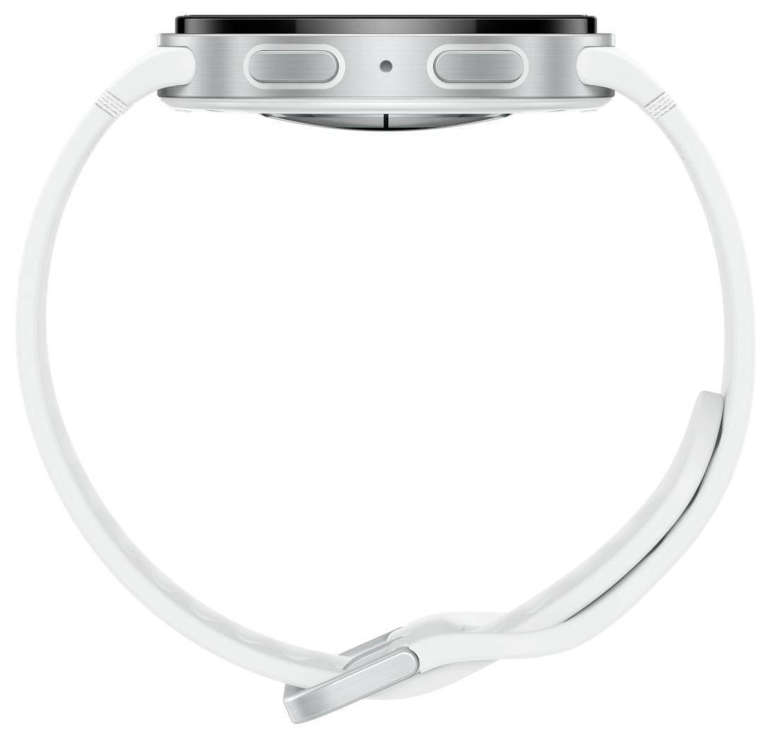 Zijaanzicht van een witte smartwatch met een strak, minimalistisch ontwerp, met twee knoppen aan de zijkant van de behuizing.