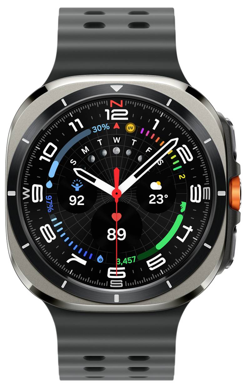 Een zwarte smartwatch die de tijd 10:10 weergeeft. De wijzerplaat toont stappenteller, weer, hartslag en dagen van de week-indicatoren op een rond display.