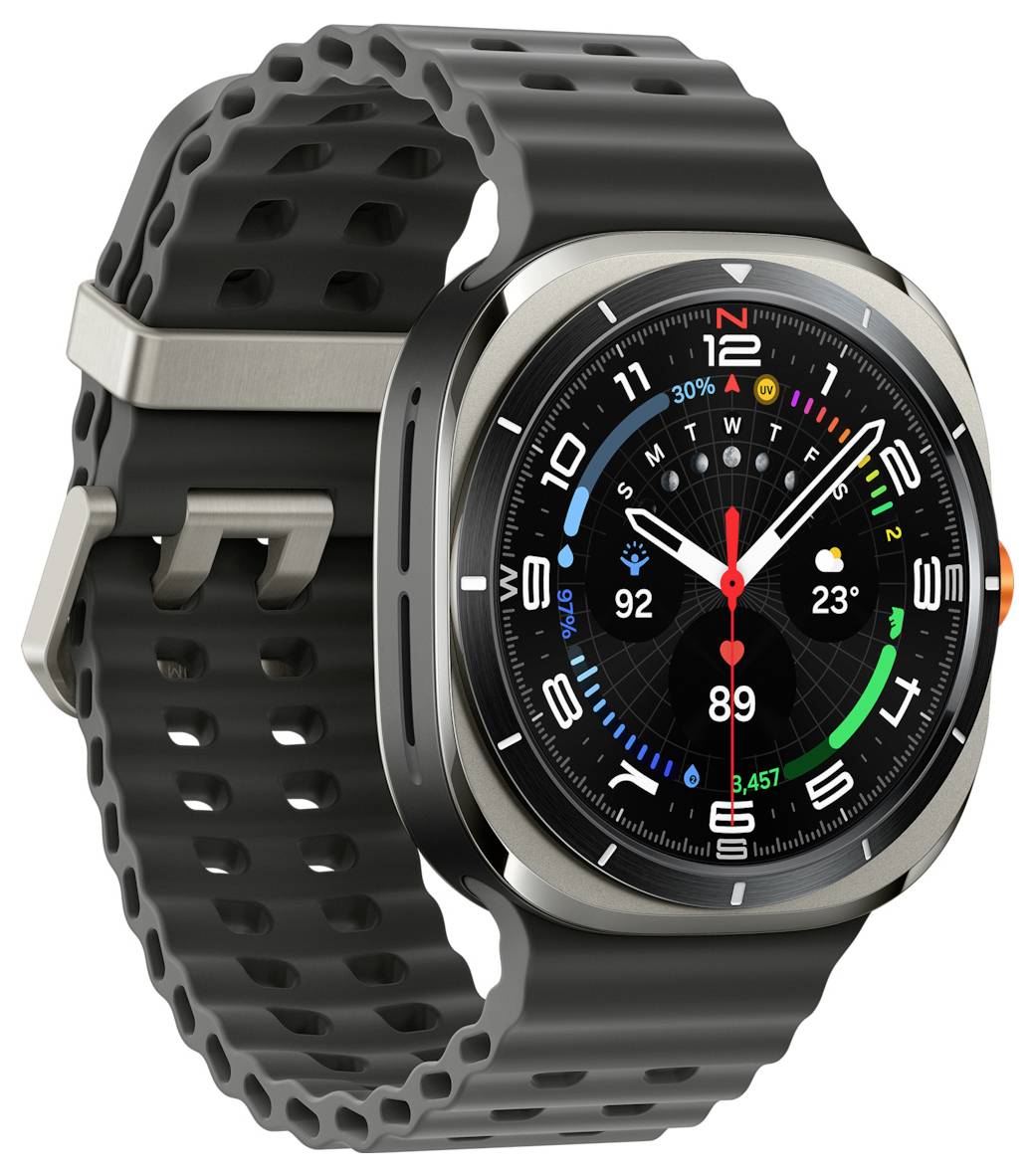 Een smartwatch met een zwarte geperforeerde band toont de tijd, datum, weerpictogrammen, hartslag van 89 slagen per minuut en een stappentellerstand van 4.457 stappen.