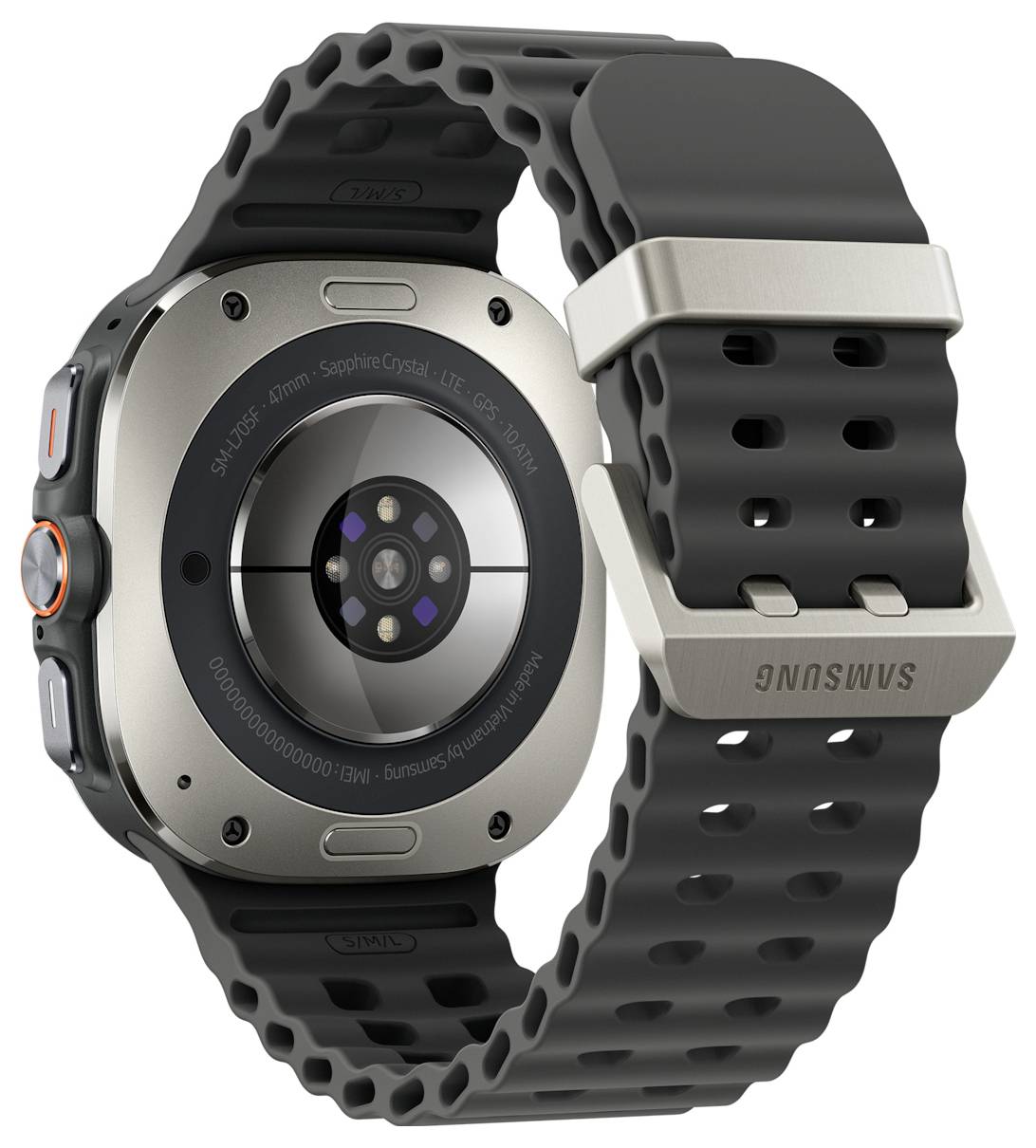 Smartwatch met zwarte band, zilveren behuizing en meerdere sensoren aan de achterkant.