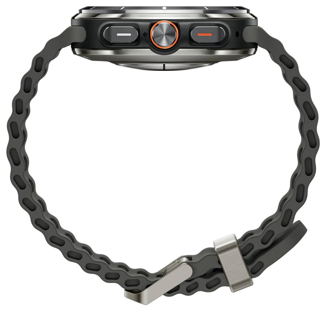 Een zwarte smartwatch gezien van opzij, met knoppen aan de zijkant en een golvend ontwerp op de band.