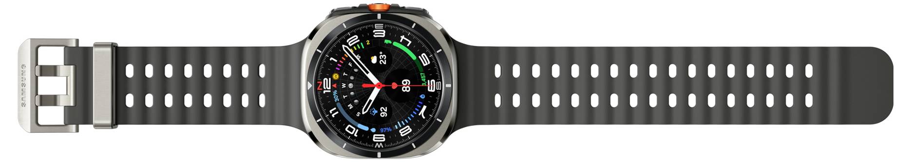 Een smartwatch met een zwarte band waarop een analoge klok wordt weergegeven en meerdere kleurrijke pictogrammen die verschillende app-meldingen aanduiden.