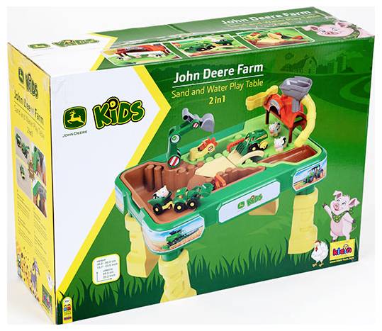 'John Deere Boerderij Zand- en Watertafel 2-in-1' speelgoed set, verpakking met een kleurrijke speeltafel met boerderij-thema elementen voor kinderen.