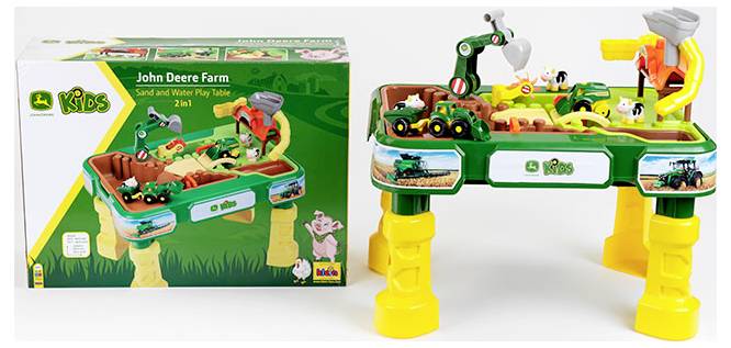 'John Deere Boerderij Zand- en Watertafel 2-in-1' doos en in elkaar gezette speeltafel met boerderij-thema speelgoed en accessoires.