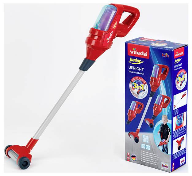 Speelgoed stofzuiger in rood met rechtopstaand model. Verpakt in een doos met kenmerken zoals '3-in-1'. Geschikt voor kinderen.
