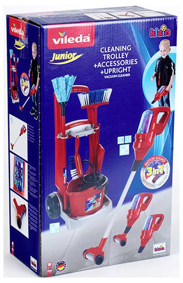 'Vileda Junior Schoonmaakwagen' verpakking. Bevat speelgoed schoonmaakwagen, accessoires en rechtopstaande stofzuiger voor kinderen. Jongen staat afgebeeld terwijl hij speelt.