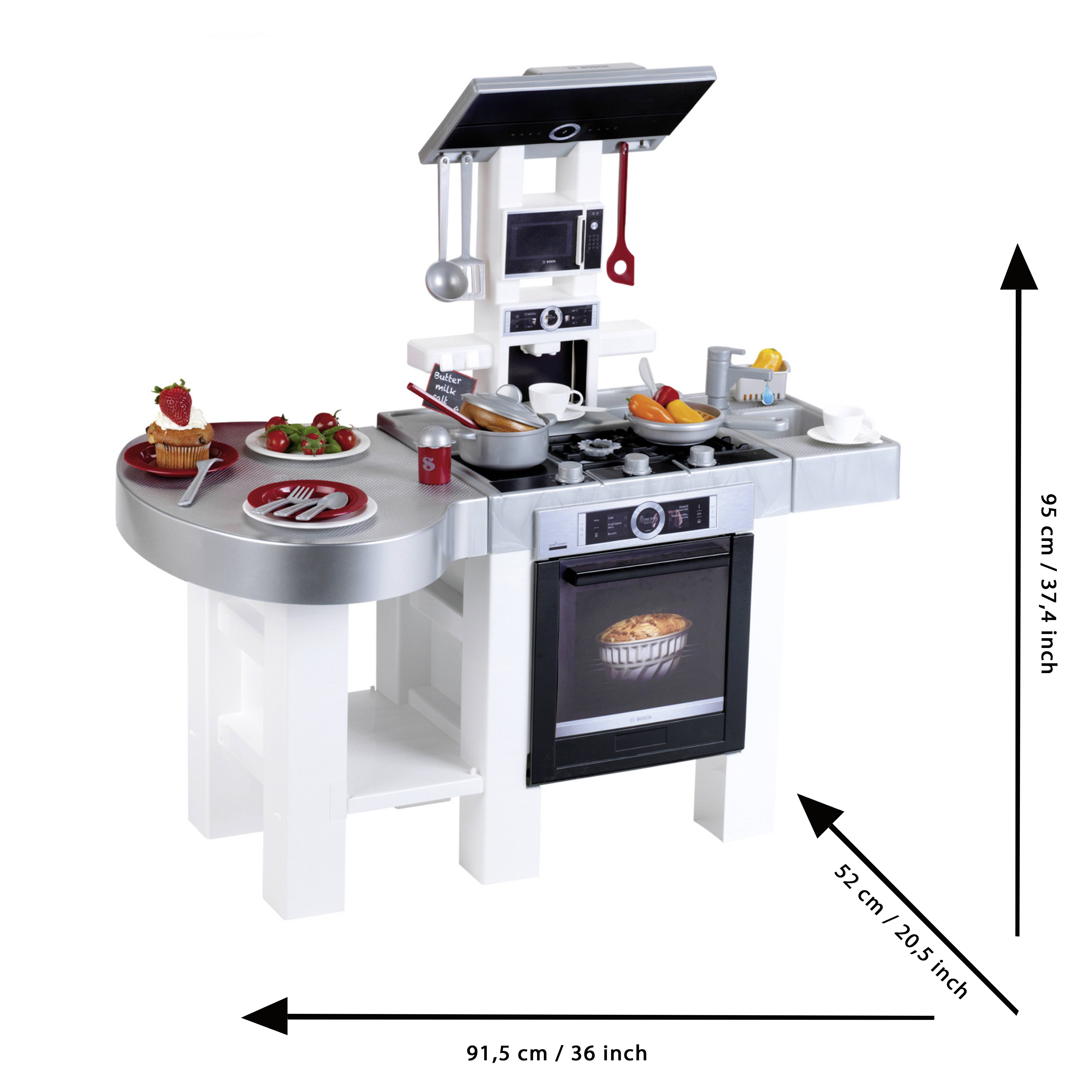 Kinderkeukenset met fornuis, oven, opbergruimte en keukengerei. Afmetingen: 95 cm/37,4 inch hoogte, 91,5 cm/36 inch breedte.