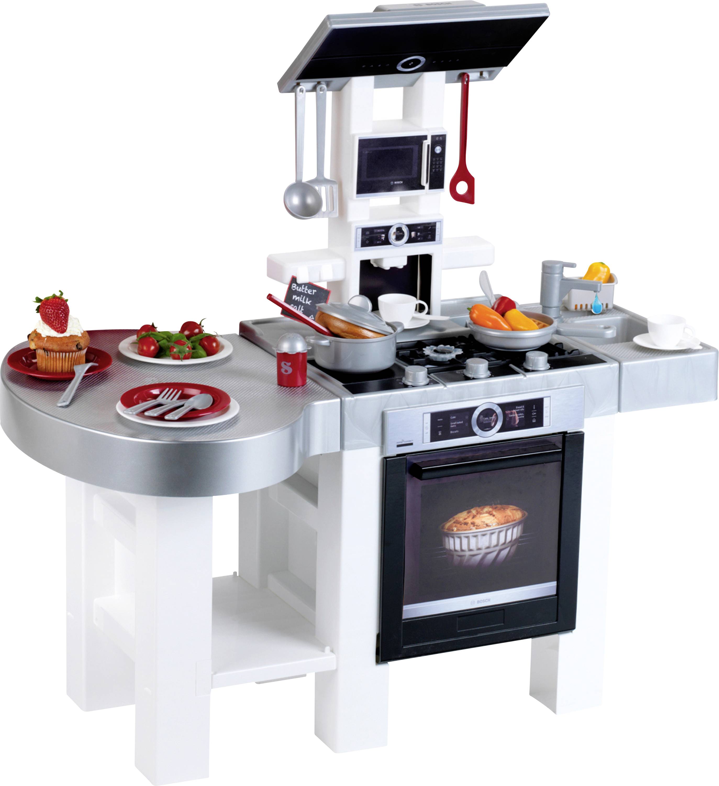 Keukenspeelset met fornuis, oven en bestek. Biedt een gesimuleerde kookscène met nepvoedsel en kookgerei op het aanrecht.