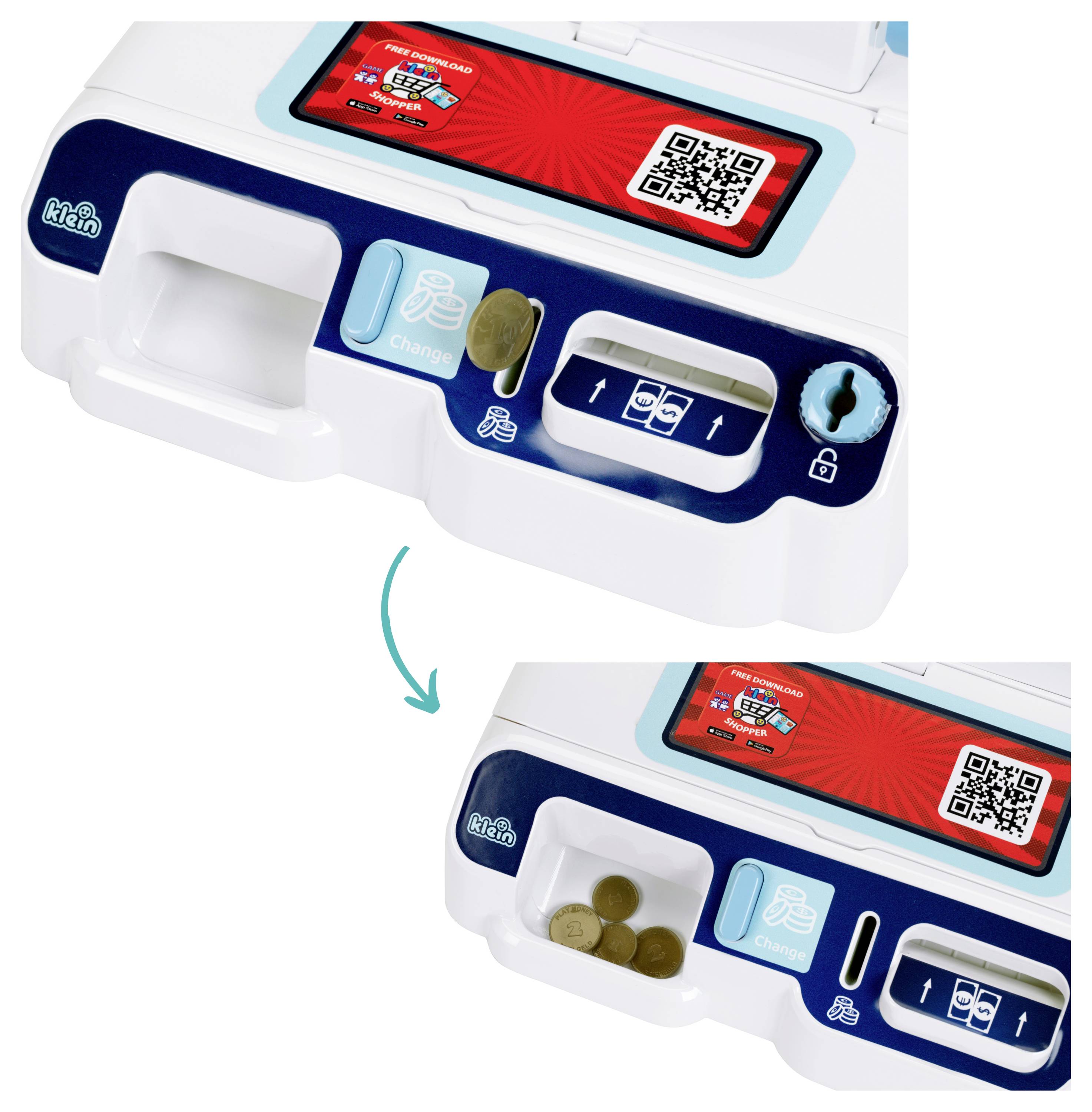Een speelgoed kassa die wisselgeld verstrekt, met muntillustraties en een QR-code op het display. Een pijl geeft de muntuitgifte-functie aan.