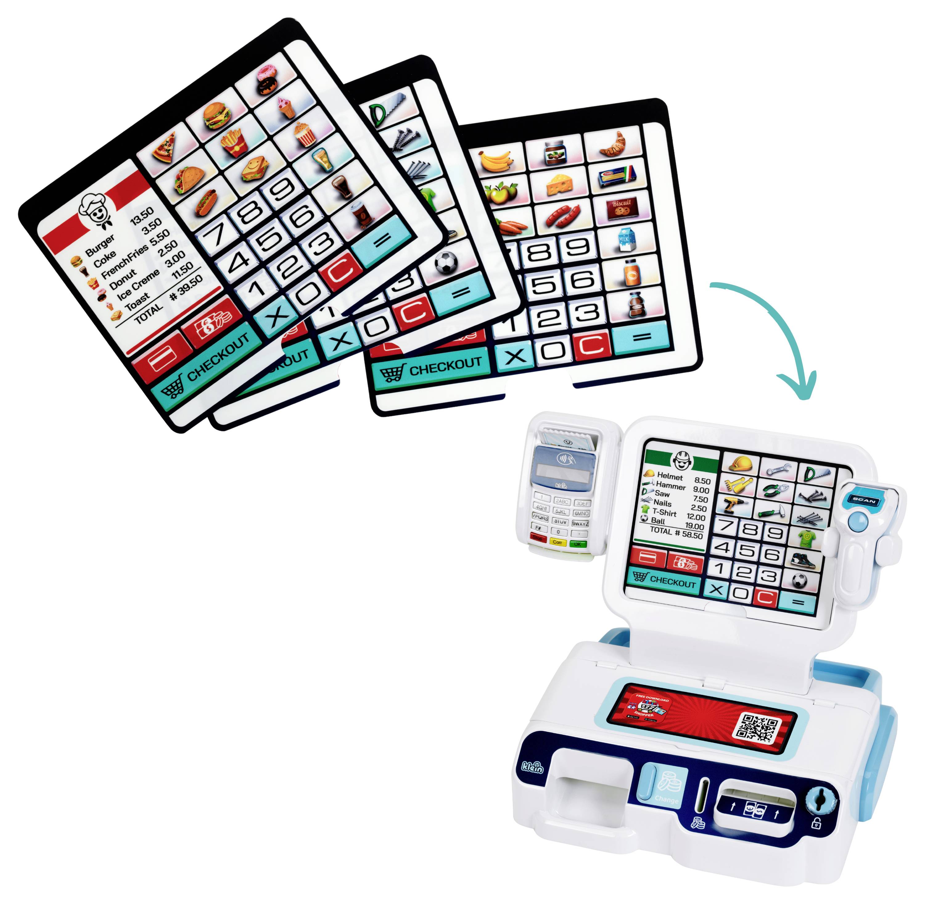 Een speelgoed kassa met een digitaal scherm, scanner en kaartsleuf, inclusief speelgeld en kaarten, maakt rollenspel winkelen mogelijk.