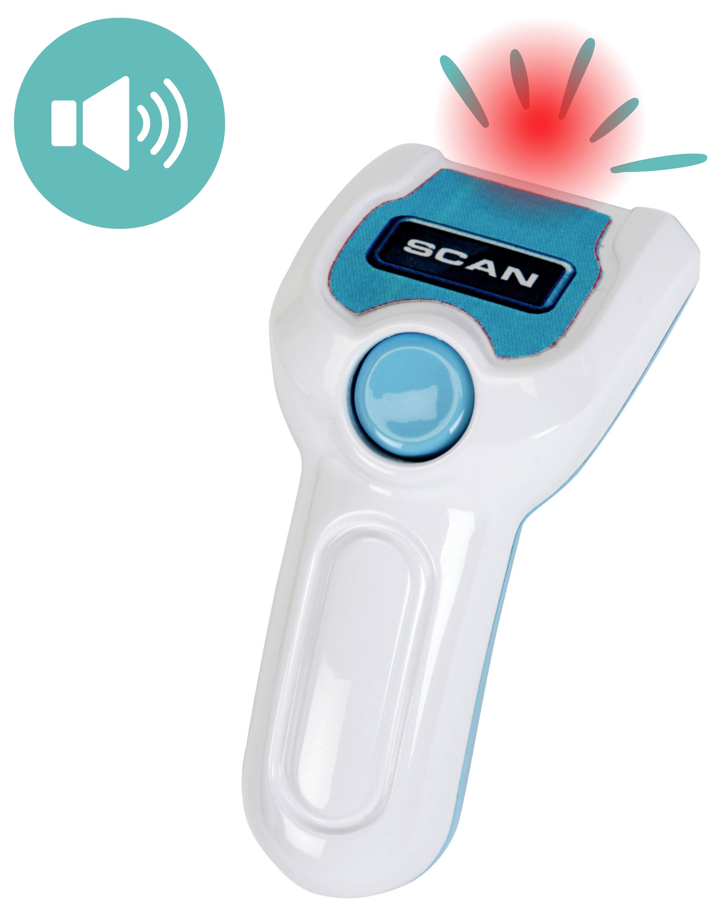 Een draagbare speelgoed-scanner met een verlichte bovenkant waarop 'SCAN' staat en een geluidsicoon dat audiofunctionaliteit suggereert.