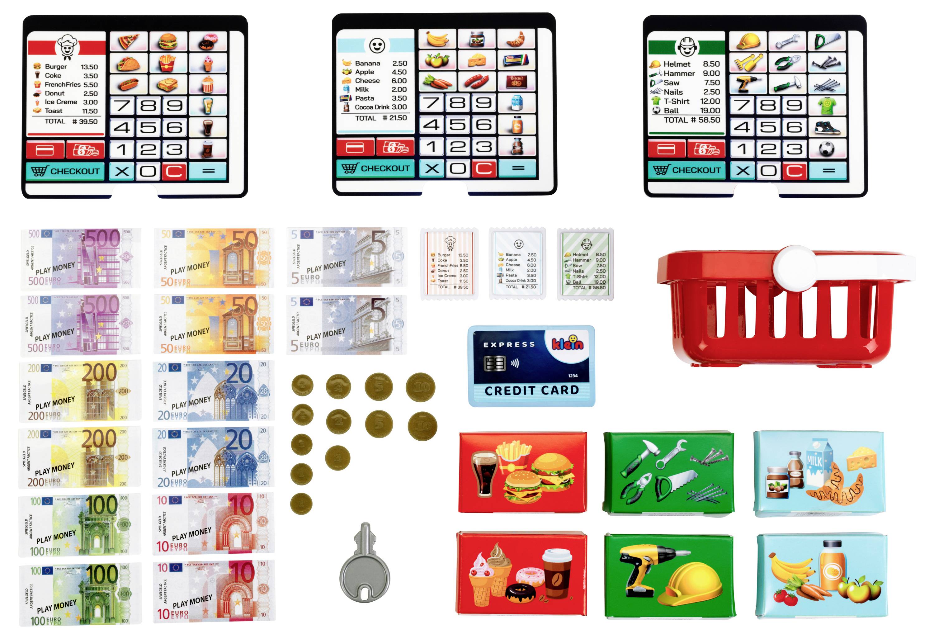 Drie speelgoed kassa-schermen tonen verschillende prijzen en artikelen. Inclusief speelgeld, munten, creditcard, winkelmandje en sleutel.