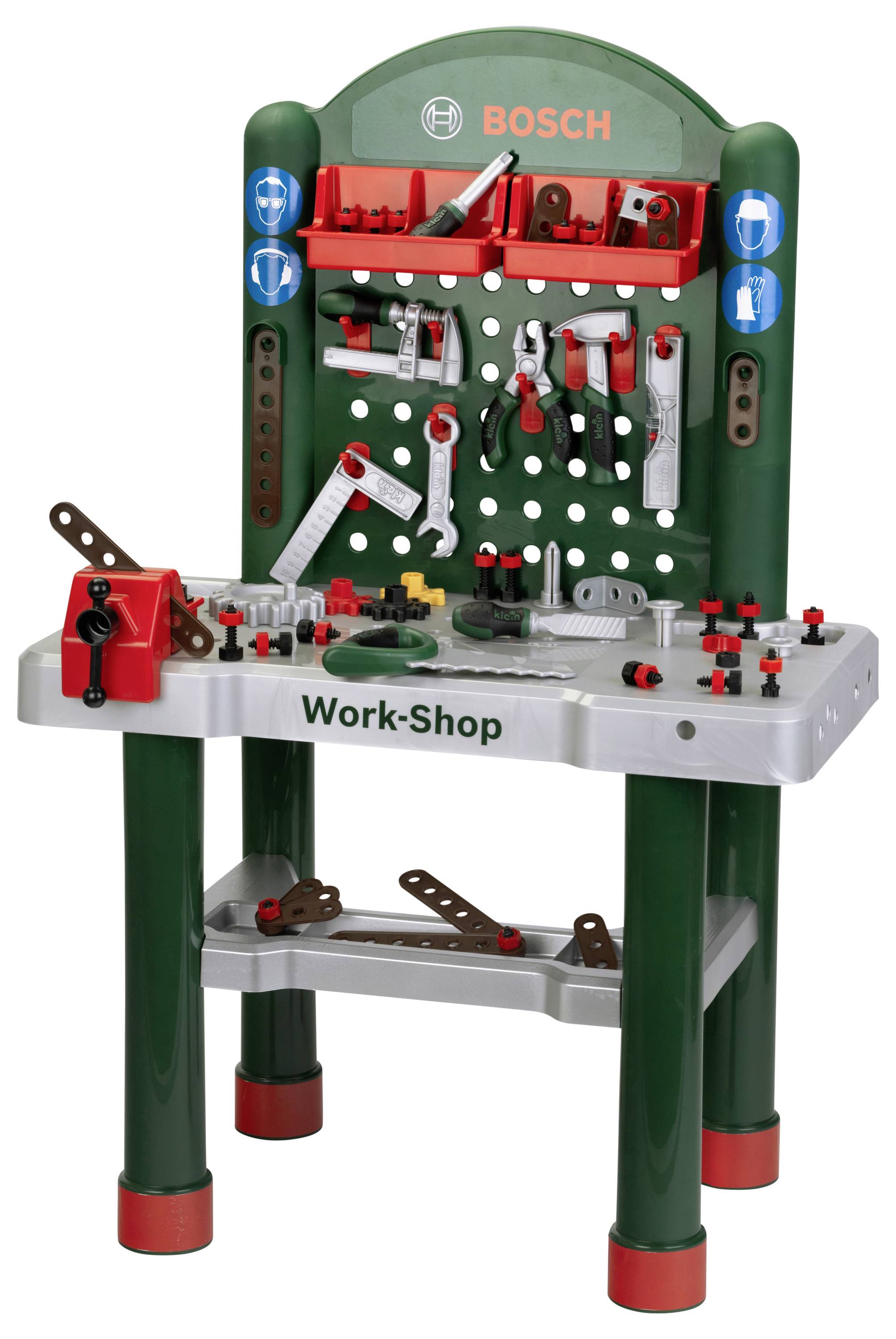 Speelgoed werkplaatsset met gereedschappen zoals een schroevendraaier, moersleutel en hamer, voorzien van een gereedschapsbord en planken voor opberging.