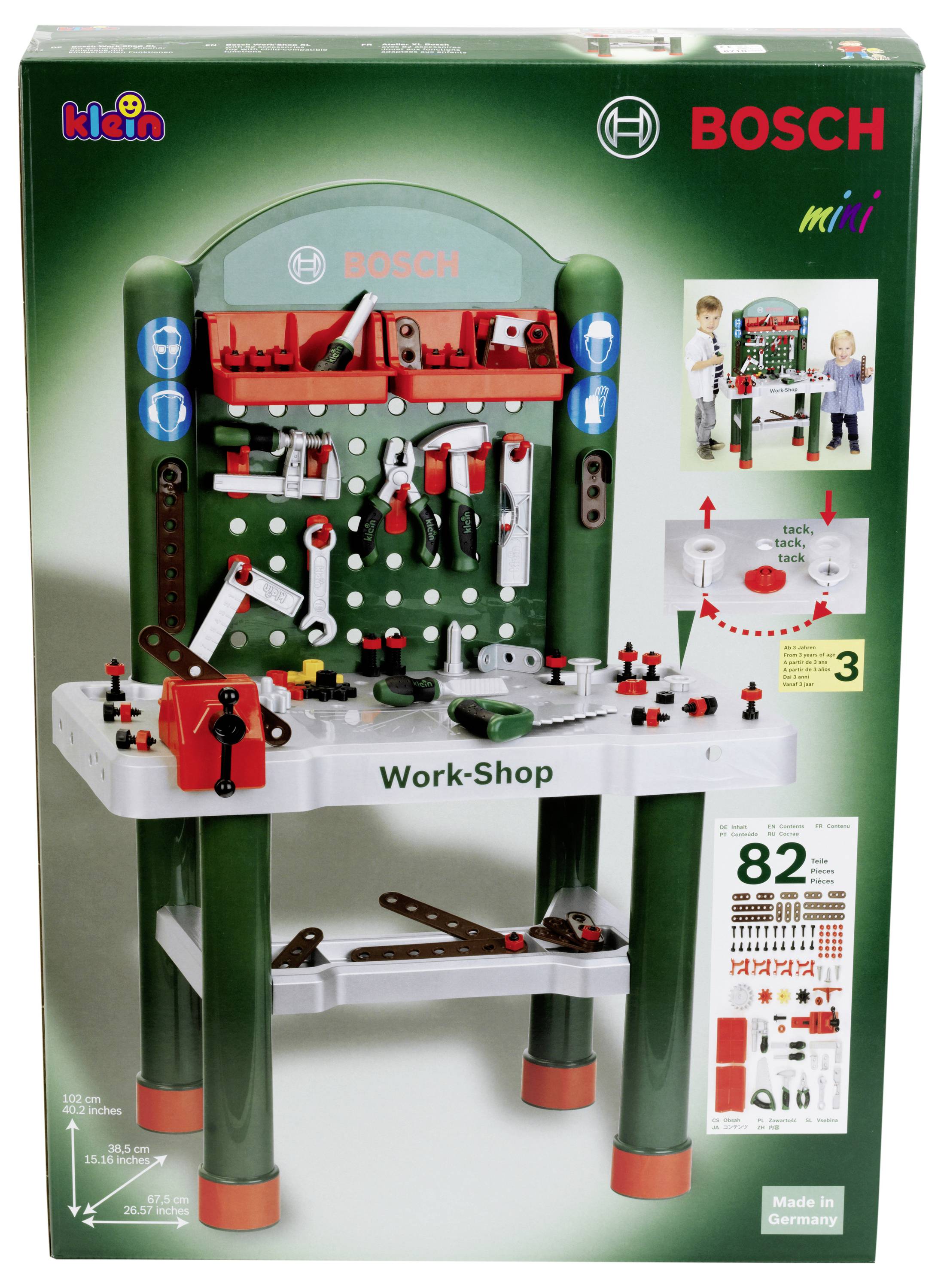 Een kinderspeelgoed werkbank staat afgebeeld, met gereedschappen en toebehoren. De verpakking benadrukt '82 onderdelen' en 'Gemaakt in Duitsland'.