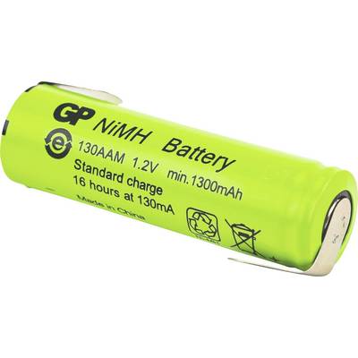 Groene AA herlaadbare NiMH-batterij, 1,2V, 1300mAh. Labels geven een standaardlaadtijd aan van 16 uur bij 130mA. Gemaakt in China.