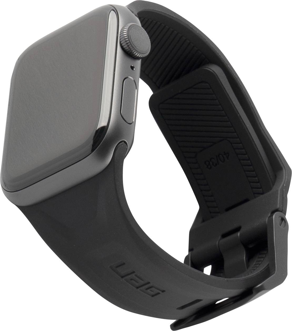 Een zwarte smartwatch met een rechthoekig scherm en een gestructureerde rubberen band wordt getoond vanuit een zijhoek, waarbij het strakke ontwerp wordt benadrukt.